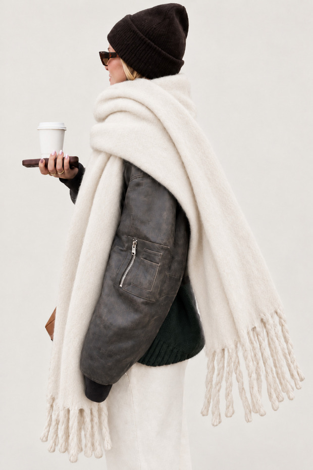 Women's Ecru Plain Large Size Shawl 180X65 cm Soft Textured Twisted Tassel Winter Shawl Scarf – Shoulder Shawl