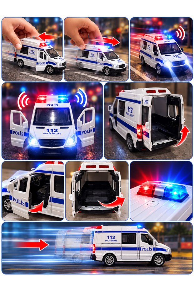 Metal Light-Up Sound Toy Police Car 15 cm Pull and Drop Police Van with Opening Side and Rear Doors and 4 Different Sirens for Ages 3+