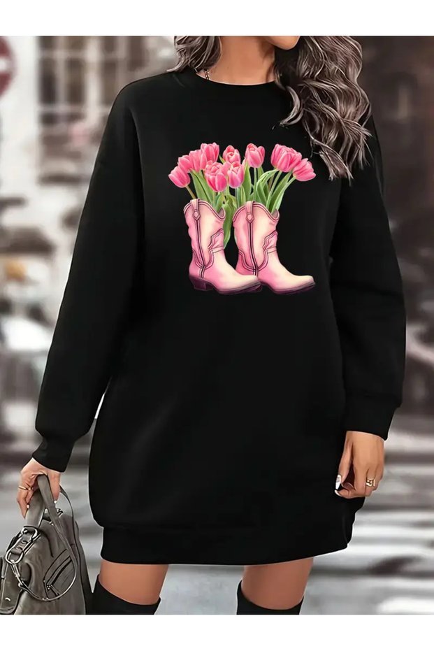 Women's Pink Cowboy Boot Flower Printed Fleece Sweatshirt Dress