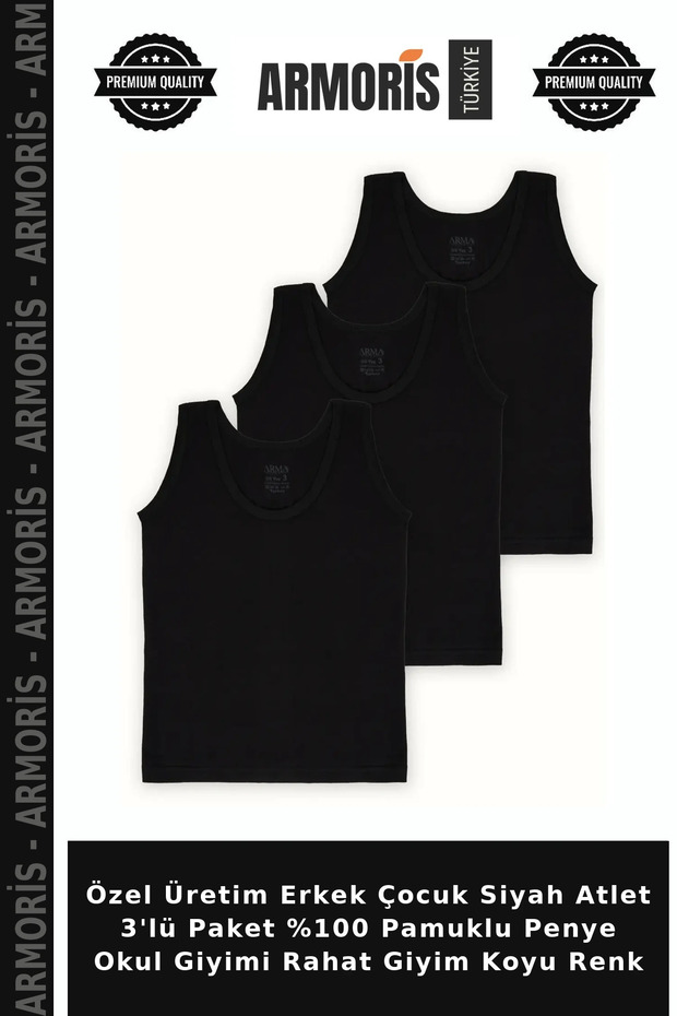 Special Production Boys' Black Undershirt 3-Pack 100% Cotton Combed Cotton School Wear Comfortable Clothing Dark Color