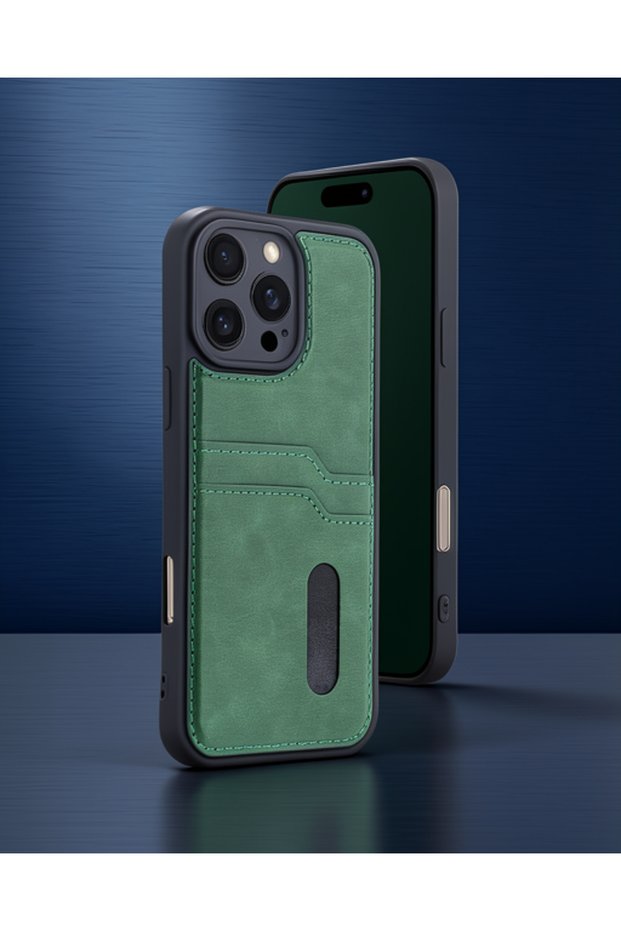 Apple iPhone 16 Pro Max Case Sara Leather Case with Business Card Holder - Dark Green