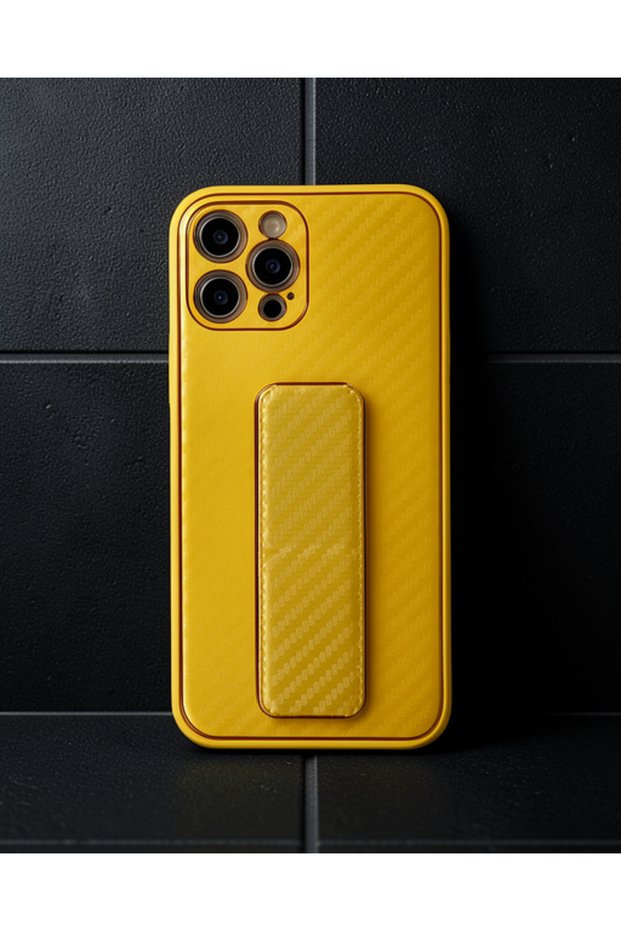 Apple iPhone 12 Pro Max Case Coco Carbon Stand Cover - Yellow