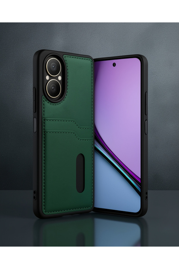 Realme 12 Lite Case Sara Leather Case with Business Card Holder - Dark Green
