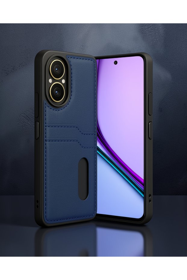 Realme 12 Lite Case Sara Leather Case with Business Card Holder - Navy Blue