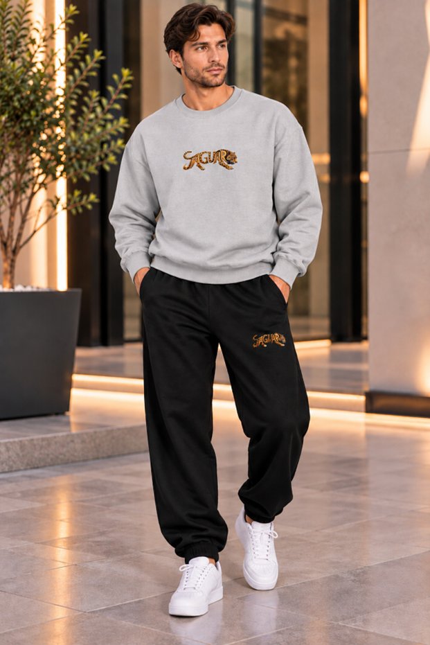 Men's Unisex Jaguar Printed Black Oversize Sweatshirt and Seasonal Sweatpants 2-Piece Set