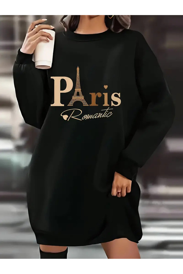 Women's Paris Eiffel Printed Fleece Sweatshirt Dress