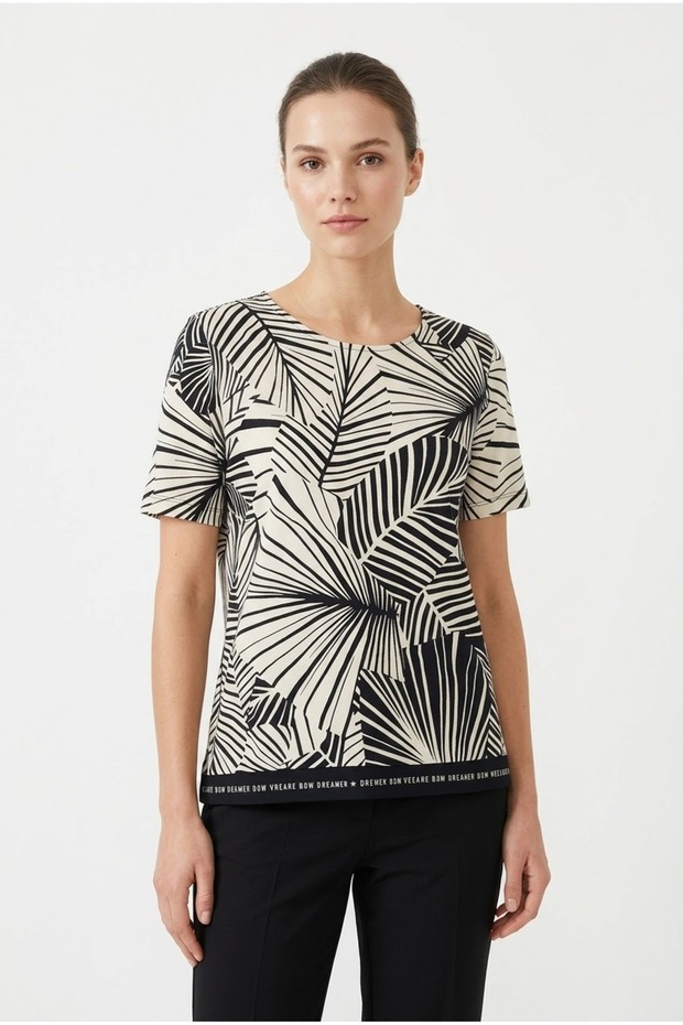 Women's Black Cream Patterned Short Sleeve T-Shirt