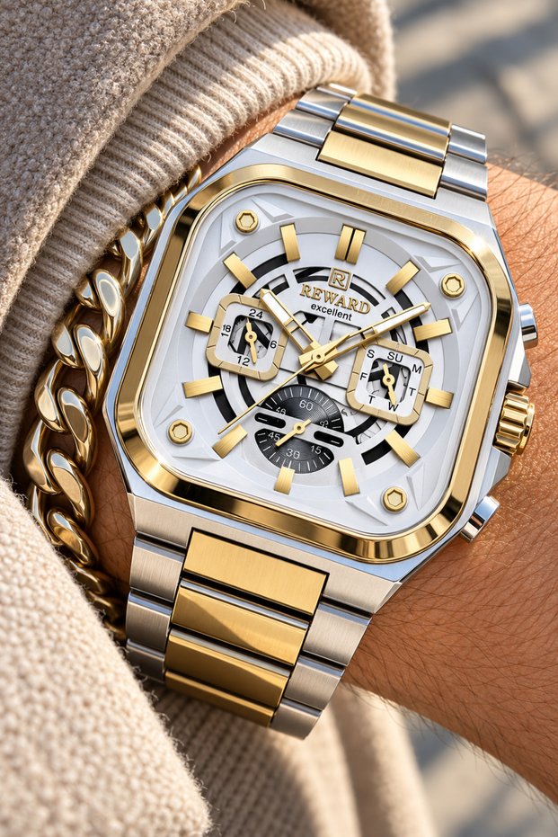 Square Dial-Functional Active Functions-Yellow Color Steel Cord-Stylish in Gift Box+Chain Bracelet