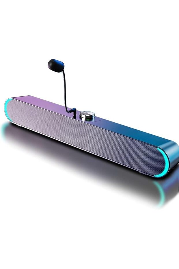 مكبرات صوت للكمبيوتر، مكبر صوت يعمل بالأسلاك ويوفر الطاقة عبر منفذ USB، وحدة صوت محمولة للكمبيوتر مزودة بإضاءة LED وميكروفون صغير.
