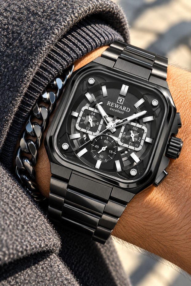 Square Dial-Functional Active Functions-Smoked Color Steel Cord-Stylish in Gift Box+Chain Bracelet