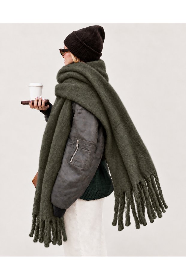 Women's Khaki Plain Large Size Shawl 180X65 cm Soft Textured Twisted Tassel Winter Shawl Scarf – Shoulder Shawl