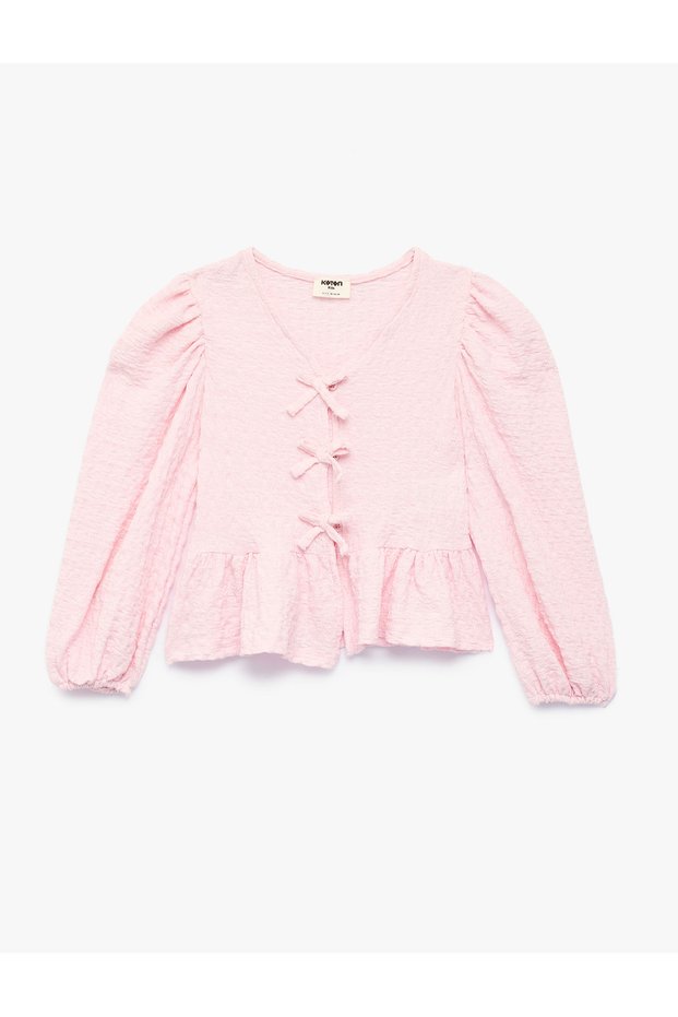 Textured V-Neck Balloon Sleeve Blouse with Bow