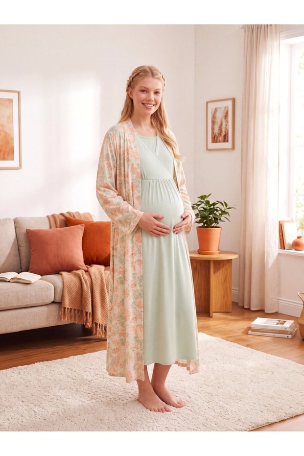 New Season Green Patterned 100% Cotton Winter Long Sleeve Full Length Special Design Maternity Pajamas Nightgown Set