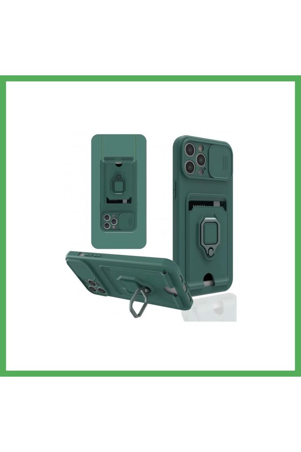 iPhone 12 Pro Compatible Case Zuma Silicone with Business Card Holder and Ring - Green Bezoss