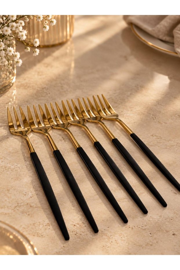 Luxury Gold Dessert Fork Set of 6 (13 cm) - Stainless Steel Cake Forks with Black & Emerald Green Handles