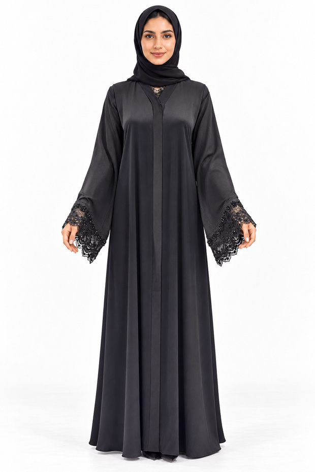 Abaya with Lace Sleeves | Lace Cuff Long Abaya
