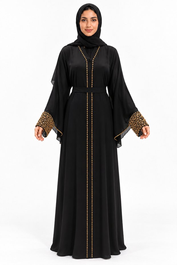 Abaya with Golden Front Embellishments | Gold Accent Cuff Abaya