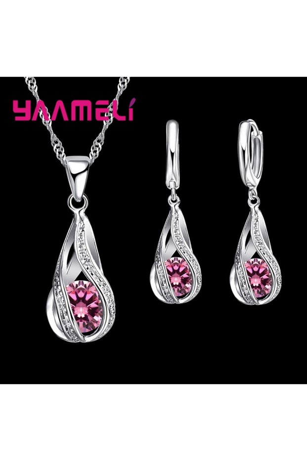 Pink Hot Water Drop CZ 925 Sterling Silver Plated Jewelry Set For Women Pendant Necklace Hoop Earrin