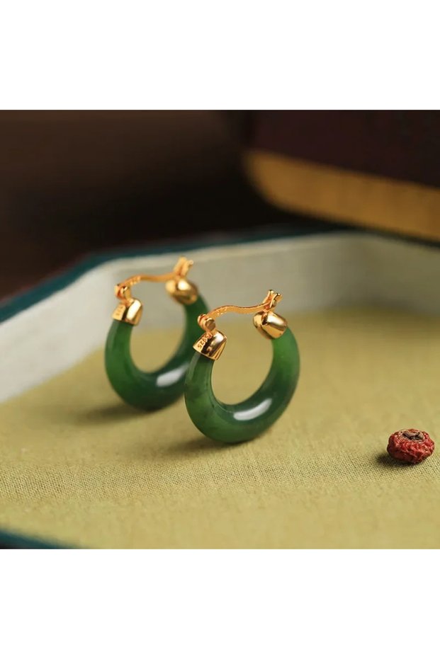 green Designer original natural Hetian jasper hoop earrings for women high-quality fresh ancient cha