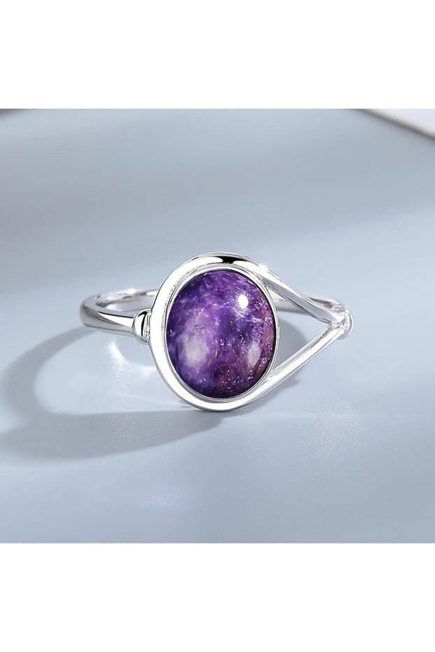 10 Natural Charoite Gem Silver Plating Jewelry Ring 8*10MM Round Natural Moonstone Amethyst Agate St