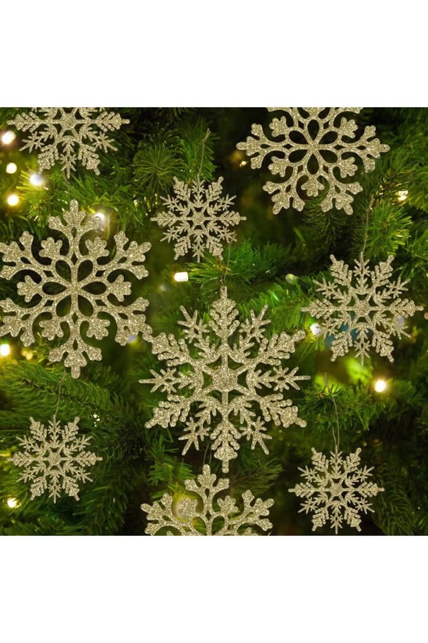 36pcs Christmas Gold Snowflake Ornaments Plastic Glitter Snow Flakes Ornaments for Winter Christmas Tree Decorations Size Varies Craft Snowflakes