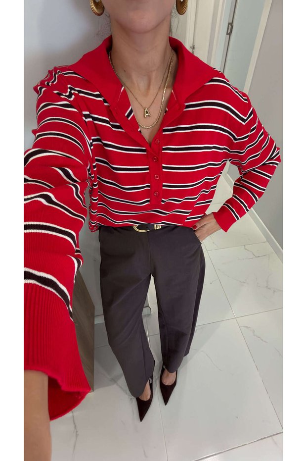 Tomles Red Striped Polo Collar Knitwear