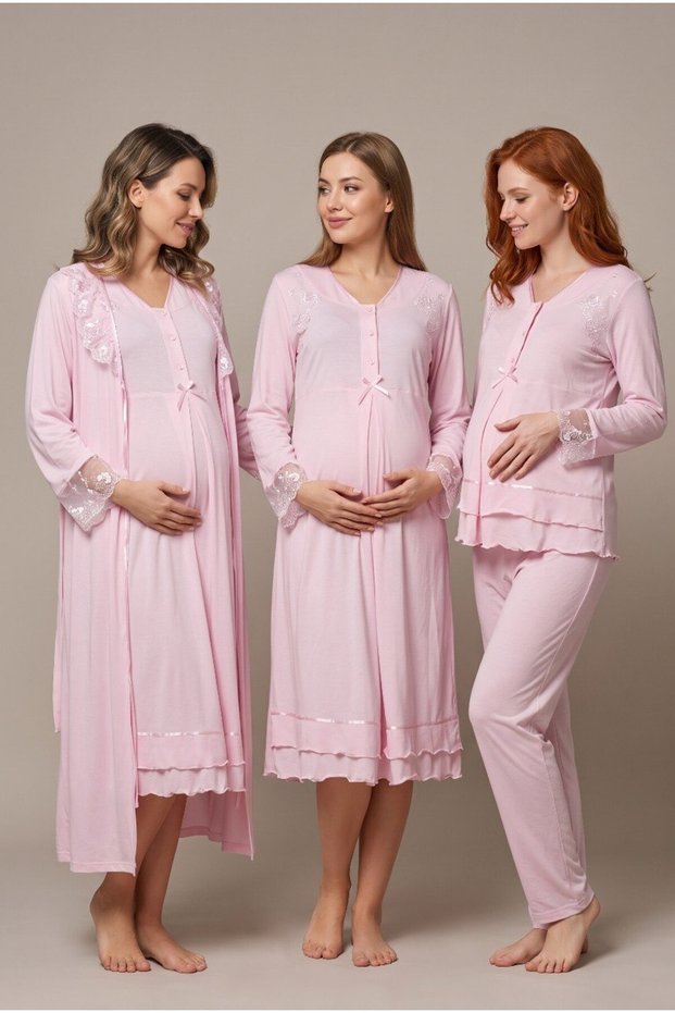 Women's Powder Lace Long Sleeve Nursing Detailed Maternity Pajama Nightgown Set with Dressing Gown