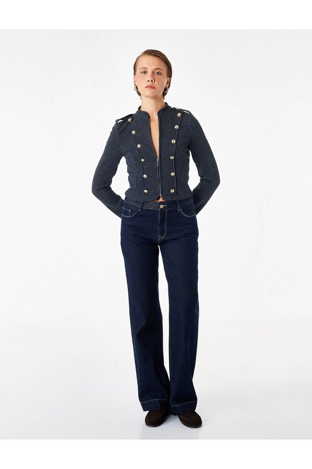 Zippered Stand-Collar Striped Napoleon Jacket with Ornamental Buttons