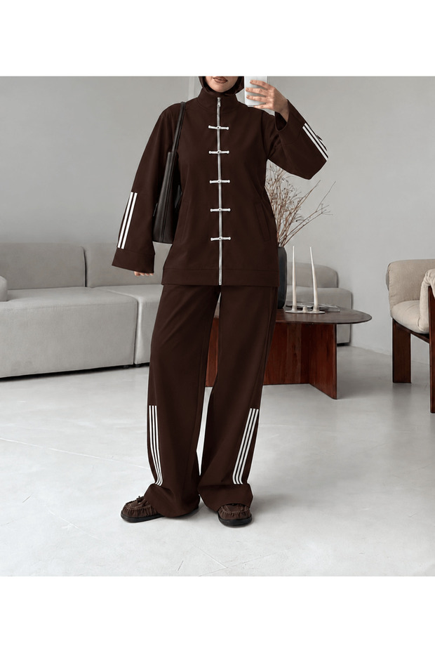 Chinese Knot Ribbon Detailed Trouser Suit - Bitter Brown (Os)