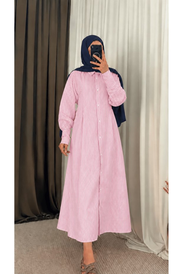Front Pleated Detailed Striped Dress - Candy Pink (S)