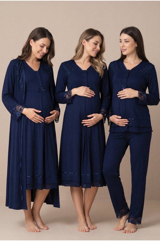Women's Navy Blue Lace Long Sleeve Nursing Detailed Maternity Pajama Nightgown Set with Robe