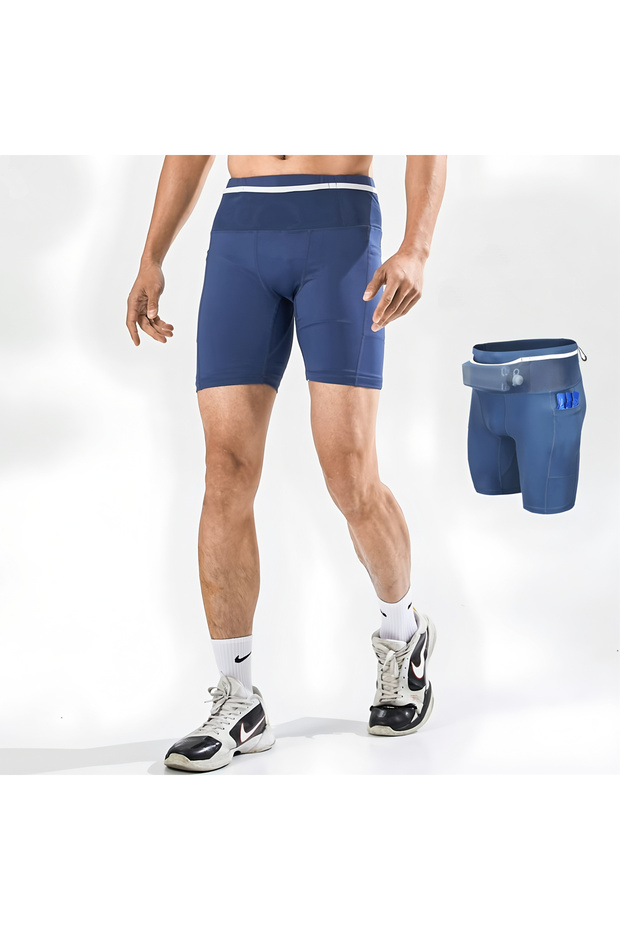 L Men 2452 prussian Mens Womens Mul-Pockets Compression Marathon Running Shorts Exercise Training Jo