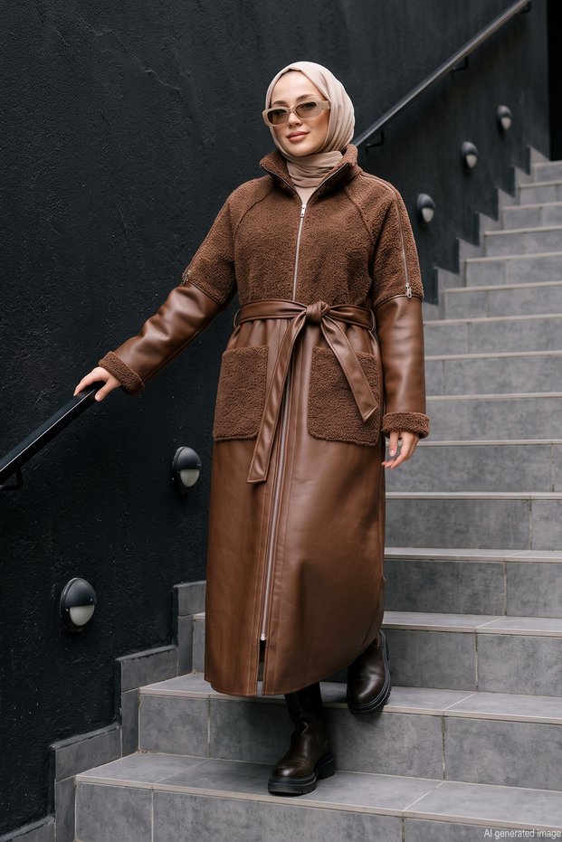 Lamb Fur Coat with Zipper Detail on the Shoulders 8119 Tan