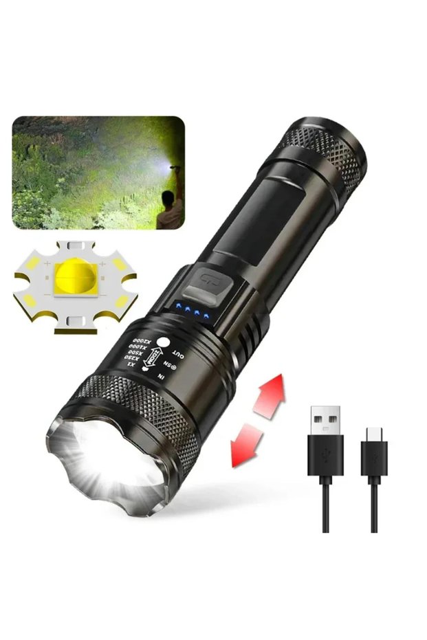 A Rechargeable LED Flashlight Zoomable Torch with LCD Display 3 Modes Waterproof High Power Hand Lig