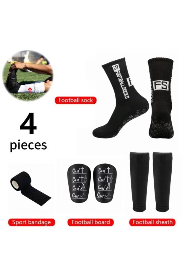 CanHB-WT-BD-FShei 4 Pieces Soccer Football Gear Set Anti-Slip Socks Shin Guards Sports Bandage & C