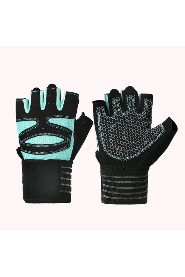 M Blue Weightlifting Gloves Wristband Support Breathable Anti-Slip Sports Gym Gloves Bodybuilding Po