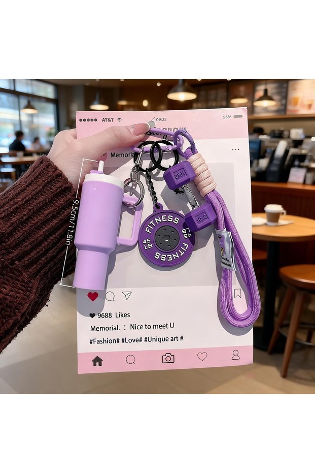 PURPLE Water Bottle Fitness Keychain Bag Pendant Ins-Style Dumbbell Bag Charm DIY Accessory Decorati