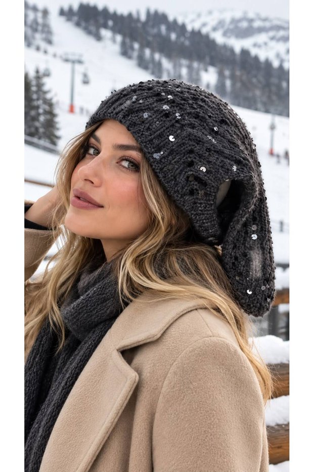 Anthracite Button Detailed Sequin Embroidered Hand Knitted Women's Beanie