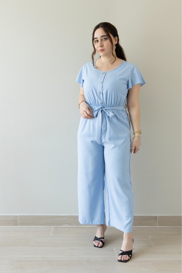 Light Blue Solid Tie-Waist Wide-Leg Jumpsuit