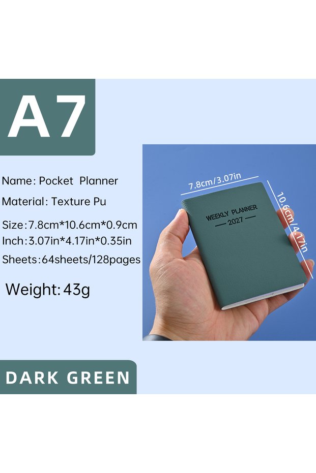 2027 A7MLD DarkGreen 2027 A7 Mini Weekly Planner 64 Sheets 128 Pages Pocket Minimalist PU Cover Week