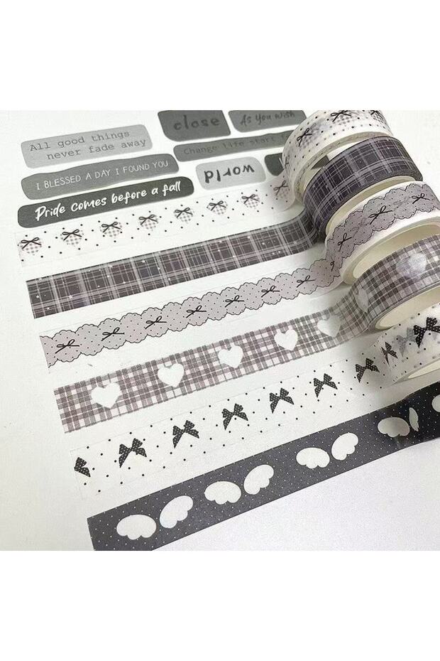 6Pcs-B 4/6 Pcs Korean Aesthetic Black Grey Washi Tape Bow Star Heart Cloud Decorative Masking Tape J