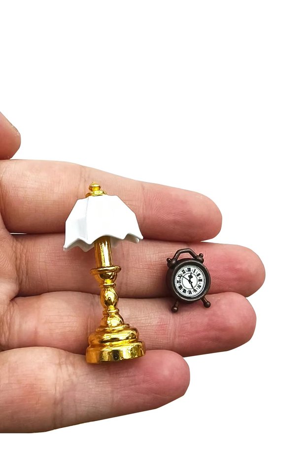 Table Lamp B Set. Dollhouse Mini French Table Lamp with Alarm Clock, Alloy Steel 1:12 Model Decor, N