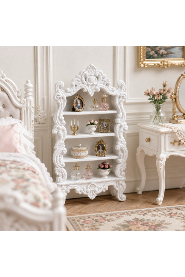 White lace cabinet Miniature Lace Bookcase, Doll House Classical Display Shelf Scene Decoration Orna