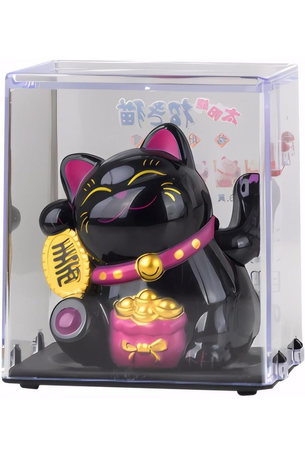 black White Solar Maneki Neko | Waving Lucky Cat Figurine | Miniature Home Decor | Solar-Powered, En