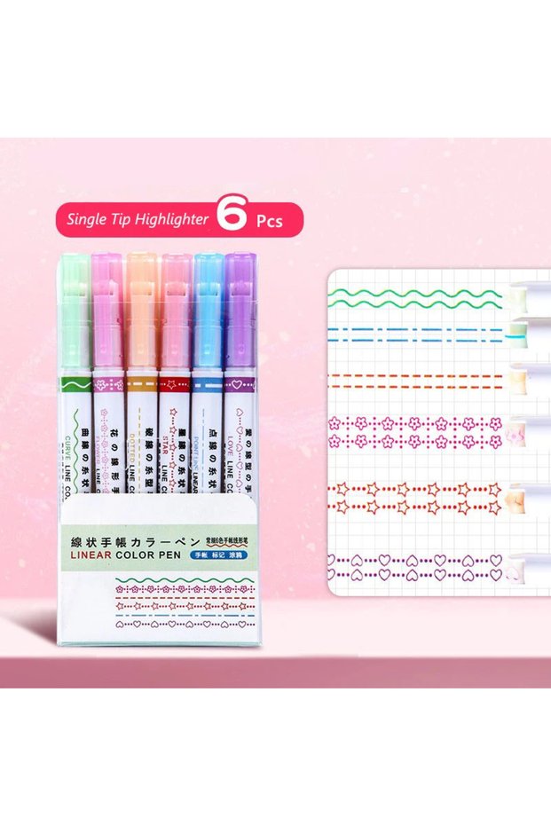 Single Tip 6Pcs Kawaii Flower Curve Highlighter Pens, Single‑ended Roller Tip Line Marker for Journa
