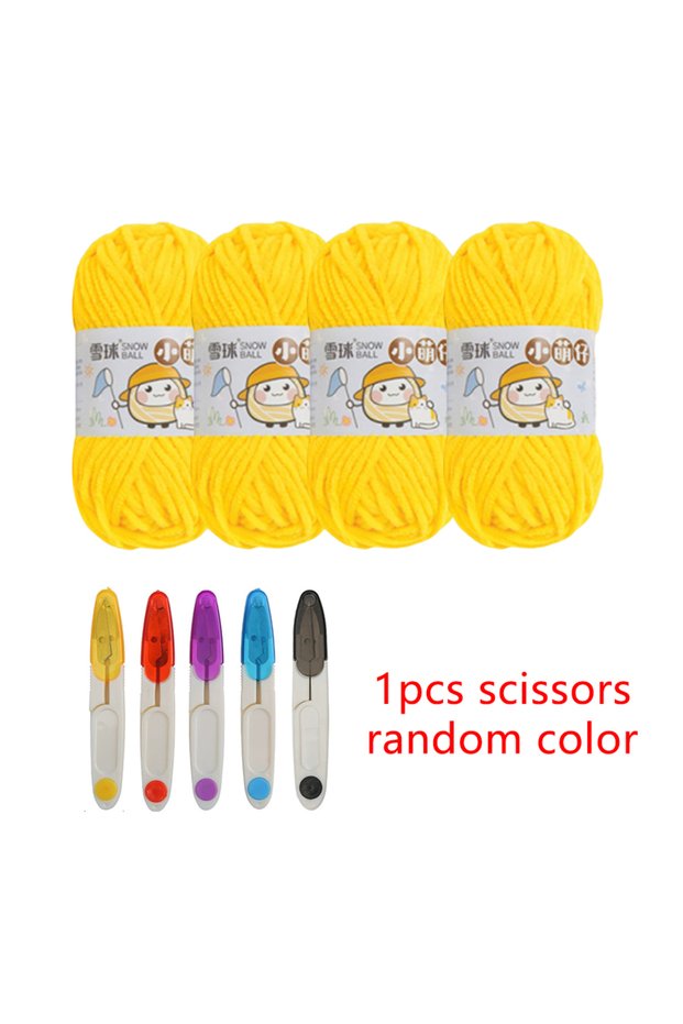 07 Bright Yellow 4 Rolls of Polyester Yarn + 1 Pair of Small Scissors in Random Colors for DIY Knitt