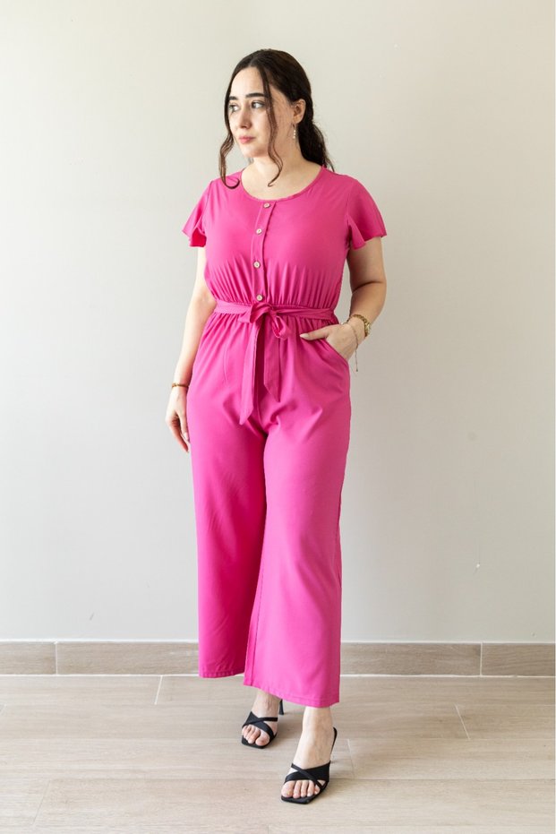 Pink Solid Tie-Waist Wide-Leg Jumpsuit