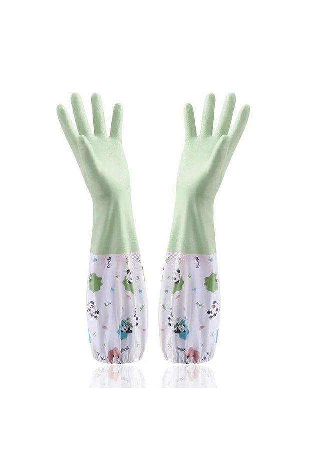 light green 3 Women's Waterproof Rubber Kitchen Gloves Extended Durable for Dishwashing Cleaning Lau
