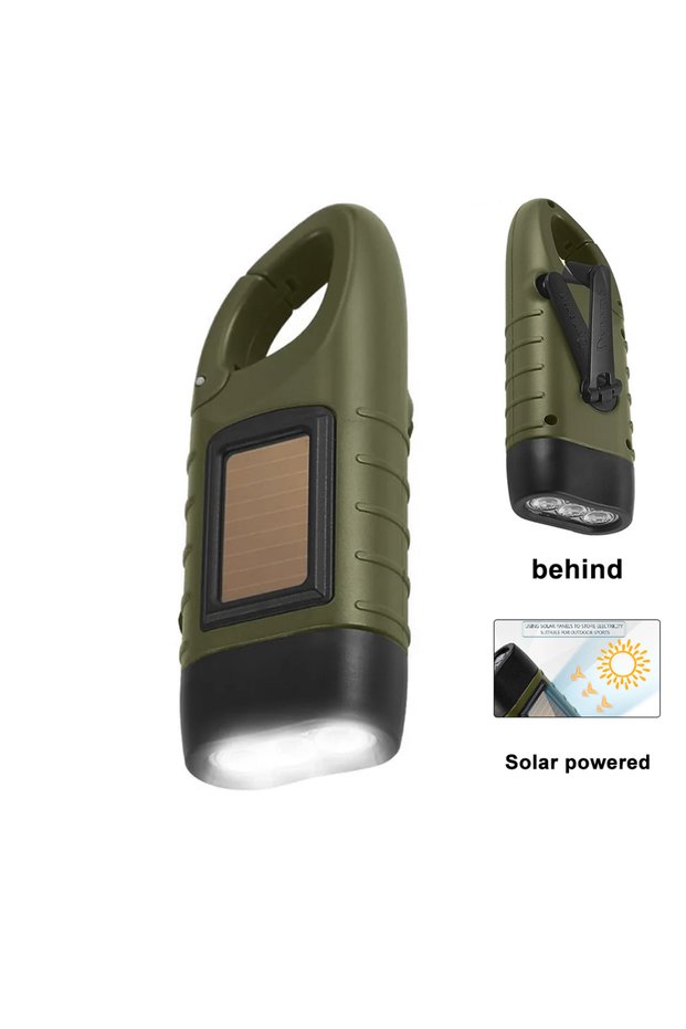 green Hand Crank Solar Powered Rechargeable LED Flashlight for Survival Gear Self Powered Charging T