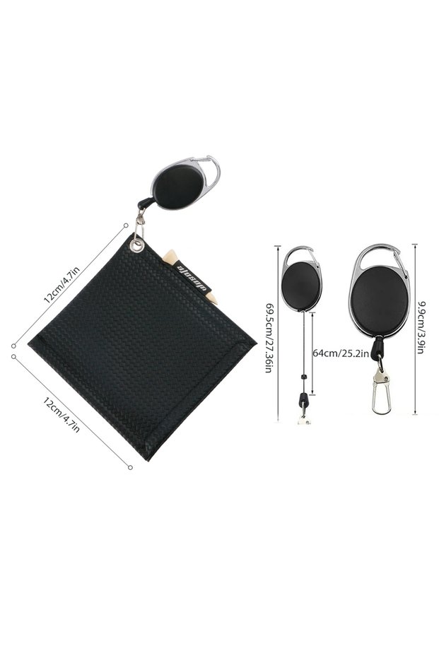 Black 12*12cm Pu Square Golf Ball Cleaning Towel with Retractable Key Chain & 1 Golf Tee Portable an